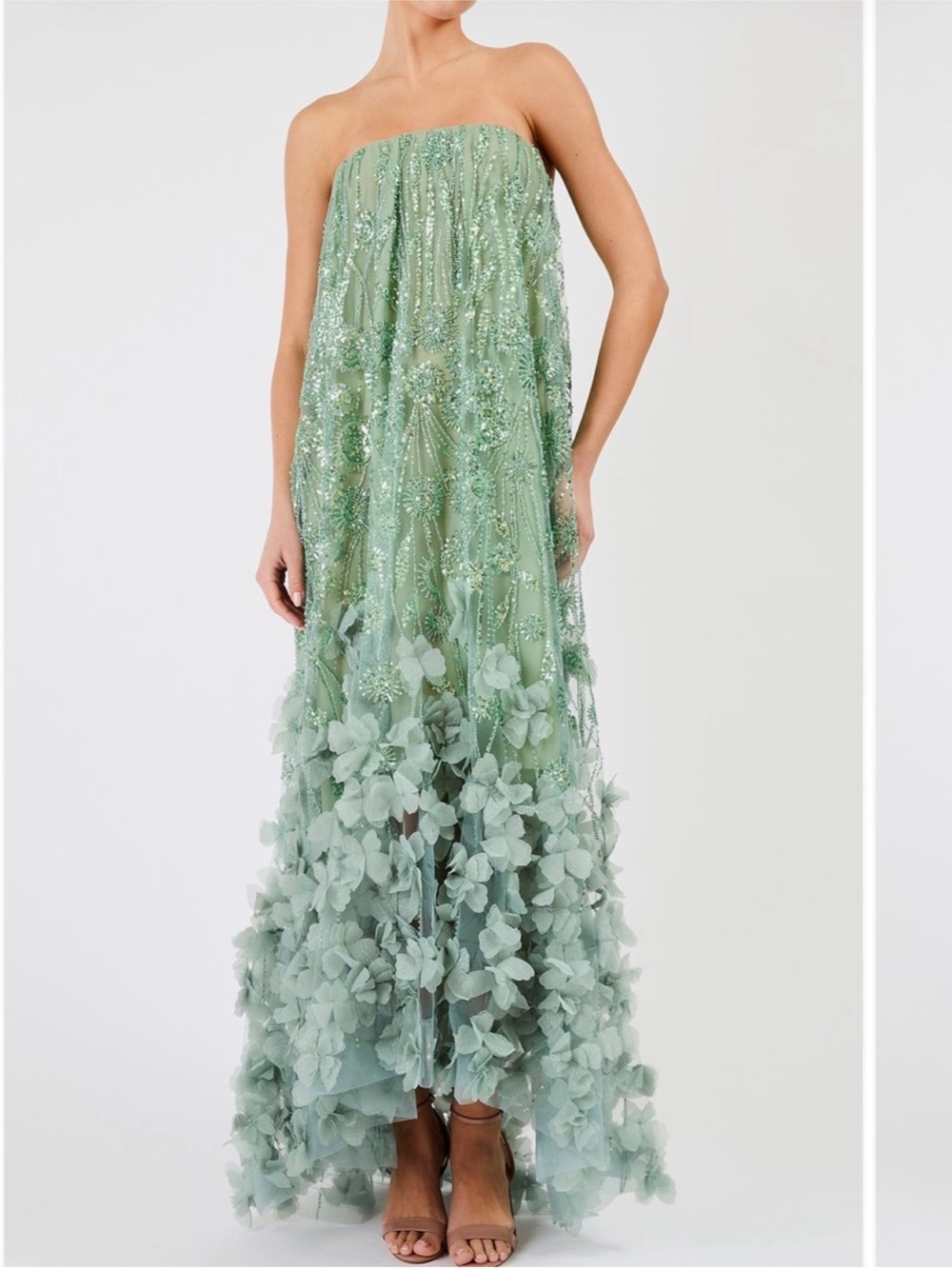 ✨NEW✨HELSI Alice Dress Strapless 3D
Floral Sequin High Low Gown
Sage Green